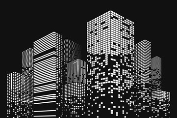 Building and city illustration. Black cities silhouette with windows. Graphic concept for your design.