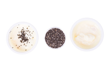 Healthy Eating. Natural yoghurt with chia seeds on white background