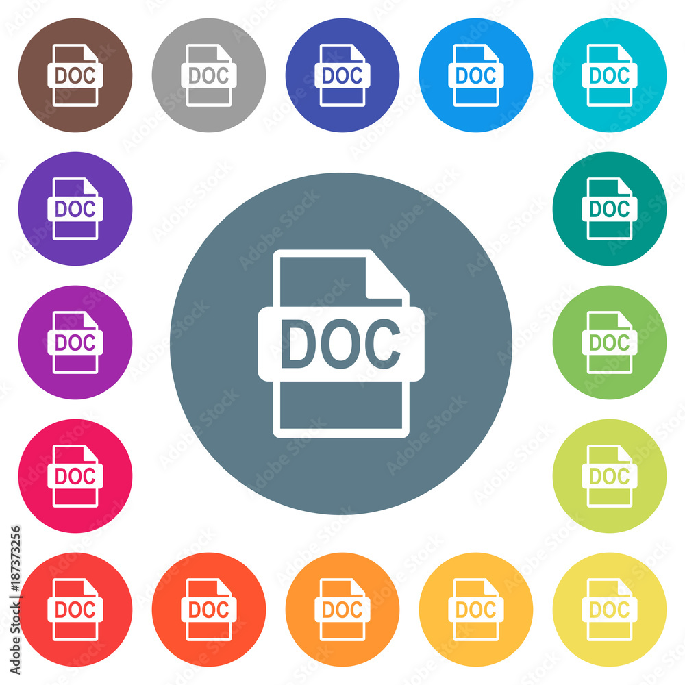 Poster doc file format flat white icons on round color backgrounds
