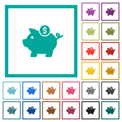 Dollar piggy bank flat color icons with quadrant frames