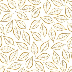 Autumn gold natural background from contours of brown leaves. Seamless decorative eco backdrop. Environmental pattern with floral leaves 