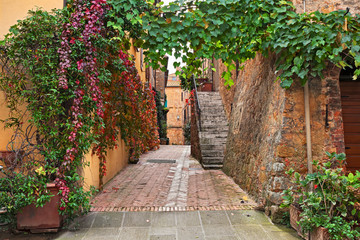 Fototapeta na wymiar Pienza, Siena, Tuscany, Italy: picturesque alley in the old town 
