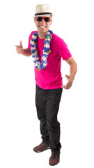 Fun man. Brazilian friendly, isolated on white background..