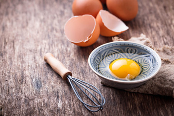 Raw chicken eggs and whisk