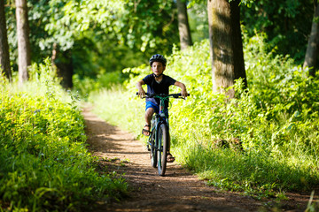 Small boy in protective helmet riding bicycle in park on summer day