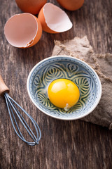 Raw chicken eggs and whisk