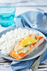 Salmon with Garlic Lemon Butter Sauce and rice