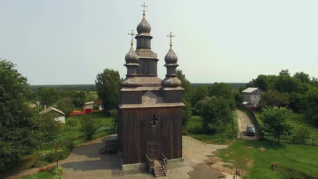 St. George's Church in Sednev where they filmed the movie Viy by Gogol,aerial view of church in Sednev, 4K aerial view of old wooden church,Ancient wooden church of St. George in Sednev, Ukraine