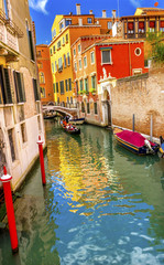 Gondola Touirists Colorful Small Side Canal Bridge Venice Italy
