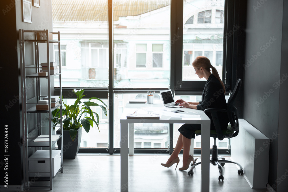Poster full length side view smiling businesswoman typing on keyboard of notebook computer. she sitting at 