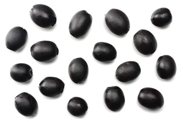 Marinated slices black olives isolated on white background. top view