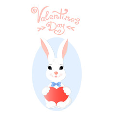 Funny bunny with a heart. Greeting card for Valentine's Day.