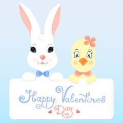 Funny bunny and chicken with a greeting card for Valentine's Day.