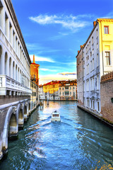 Gondola Touirists Colorful Small Side Canal Bridge Venice Italy