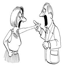 Cartoon illustration of a man and a woman yelling and angry at each other. 