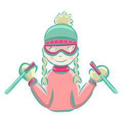 Cartoon girl skiing in winter, vector