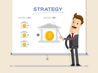 Fototapeta premium Businessman and graphs on projector screen. Illustration flat