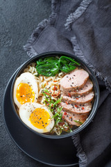 Japanese ramen soup with duck breast, egg, chives and spinach