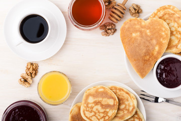 Valentine's day breakfast or brunch. Table viewed from above