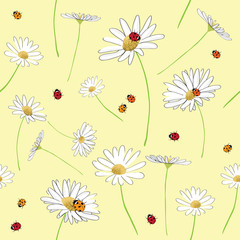 Fototapeta premium Daisies and ladybugs seamless pattern. Vector illustration on light yellow background