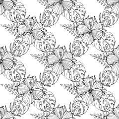 Tropical flowers, palm leaves, jungle plants, orchid, bird of paradise flower, pink seamless vector floral pattern background, exotic botanical wallpaper, vintage boho style