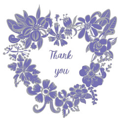 Obraz premium Vector illustration of heart made from blue flowers on white background. Thank you written in the middle