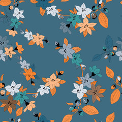 Obraz premium Flowers with orange petals and blue leaves. Seamless pattern. Vector illustration on blue background