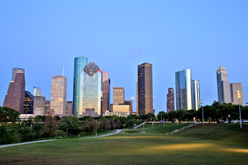 Fototapeta na wymiar Houston Downtown Skyline Illuminated at Blue Hour