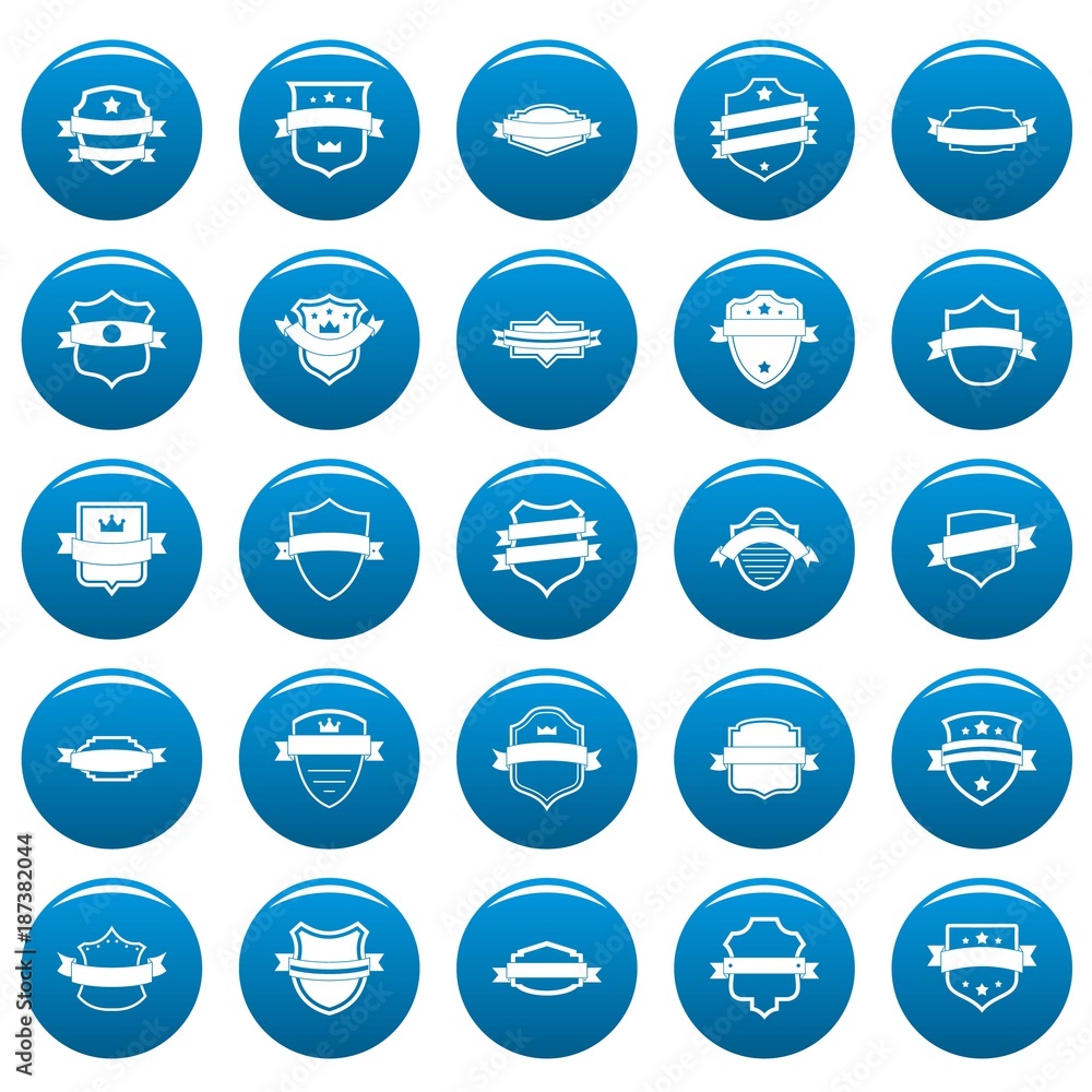 Poster shield badge icons set blue. simple illustration of 25 shield badge vector icons for web