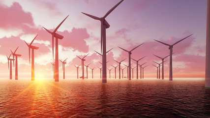 Wind farm at dusk and sea 3D render