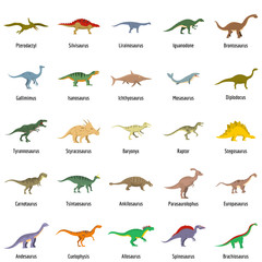 Animal character dinosaur vector icons set. Flat illustration of 25 dino pheristoric dinosaur types signed name vector icons isolated on white backround