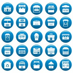 Street food kiosk icons set blue. Simple illustration of 25 street food kiosk vector icons for web