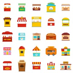 Street food kiosk icons set. Flat illustration of 25 street food kiosk vector icons isolated on white background
