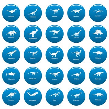 Dinosaur types signed name icons set blue. Simple illustration of 25 dinosaur types signed name vector icons for web