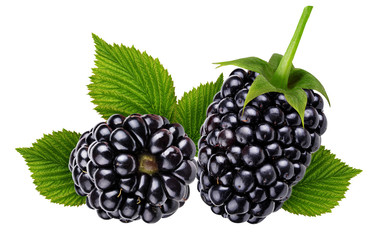 Two fresh blackberries with leaf isolated on white background