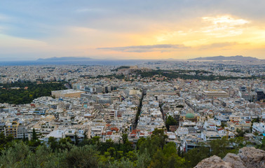 Athens cityscape at sunset.