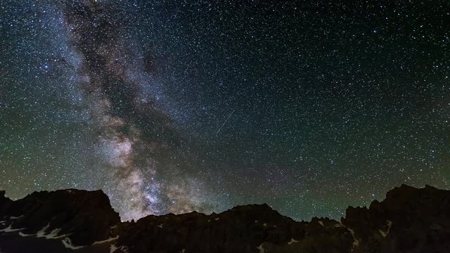 Milky way Time Lapse and stars rotating over the majestic Italian French Alps in summertime. 