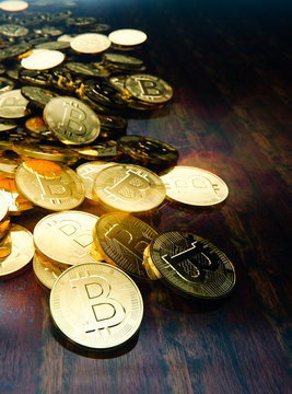 Bitcoin decentralized currency coins on table