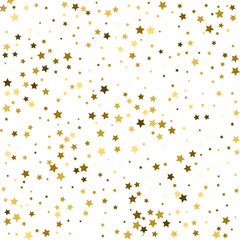 Abstract pattern of random falling gold stars on white background. Glitter template for banner, greeting card, Christmas and New Year card, invitation, postcard, paper packaging. Vector illustration.