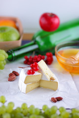 Cheese, camembert, honey, green bottle, red berries, apples, pears, cheese with green grapes, peanuts, pink flower, minimalism, healthy food, French breakfast, pop art, retro style