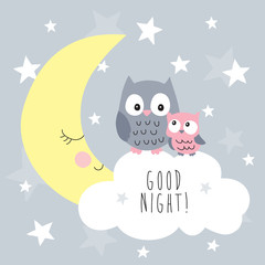 Obraz premium słodkie sowy na ilustracji wektorowych chmura