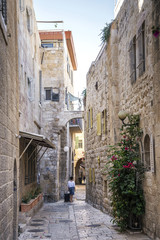 Fototapeta na wymiar old town cobbled street in ancient jerusalem city israel