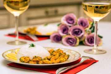 Prawn with rice and white wine
