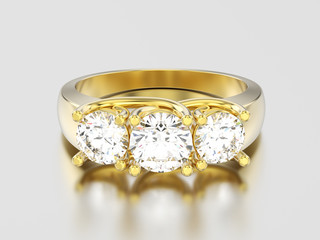 3D illustration yellow gold three stone diamond ring