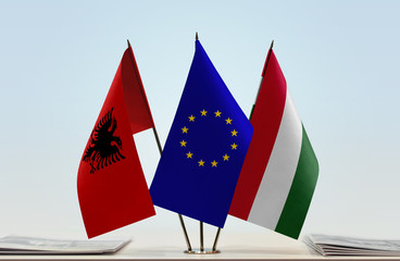 Flags of Albania European Union and Hungary