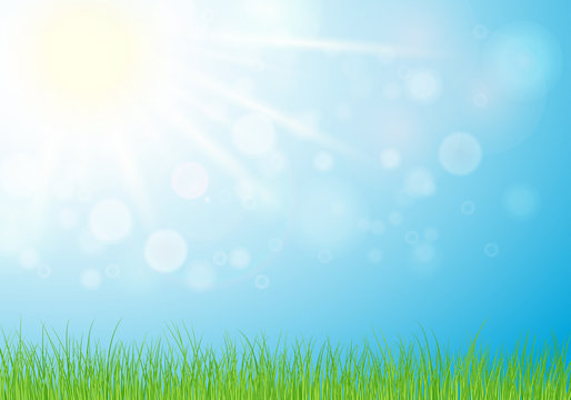Sunny day, spring or summer nature background with grass , sun light on blue sky background.  illustration.Eps 10.
