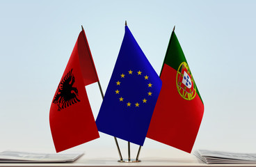 Flags of Albania European Union and Portugal