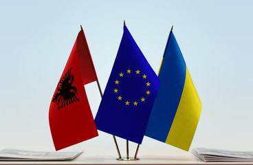 Flags of Albania European Union and Ukraine