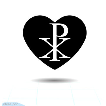 Icon heart. A symbol of happy love. Valentine s Day. Flat style for design, logo. Shadow. Vector. Chi RHO symbol with drop shadow. Christogram. Labarum isolated on white background. Khrismon.