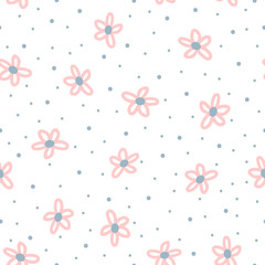 Cute floral seamless pattern for children. Repeated flowers drawn by hand with rough brush and polka dot.